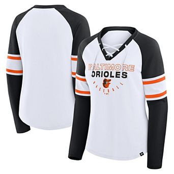 Women's Fanatics White/Black Baltimore Orioles Blitz Package Raglan Lace-Up V-Neck Long Sleeve T-Shirt