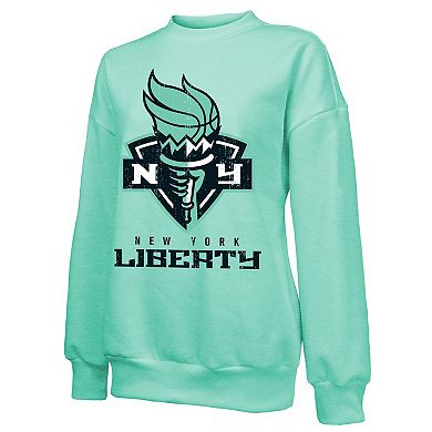 Women's Majestic Threads Mint New York Liberty Primary Logo Drop Shoulder Tri-Blend Pullover Sweatshirt