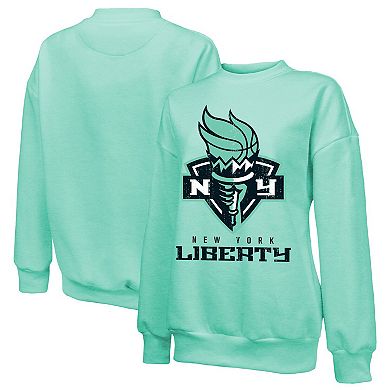 Women's Majestic Threads Mint New York Liberty Primary Logo Drop Shoulder Tri-Blend Pullover Sweatshirt