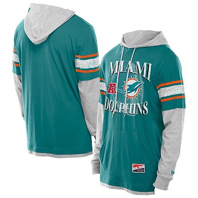 Men's New Era Aqua Miami Dolphins Twofer Layered Long Sleeve Hoodie T-Shirt