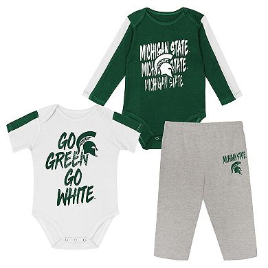 Infant Outerstuff Green/White Michigan State Spartans Double Down Creeper and Pants 3-Piece Set