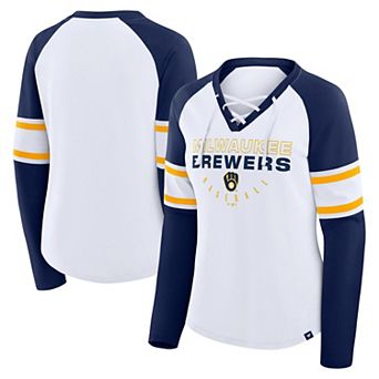 Women's Fanatics White/Navy Milwaukee Brewers Blitz Package Raglan Lace-Up V-Neck Long Sleeve T-Shirt