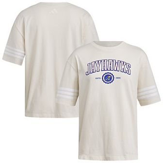 Women's adidas Cream Kansas Jayhawks Fashion Three-Stripes Oversized T-Shirt