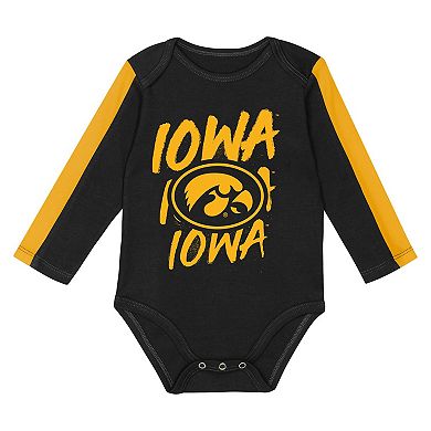 Infant Outerstuff Black/Gold Iowa Hawkeyes Double Down Creeper and Pants 3-Piece Set