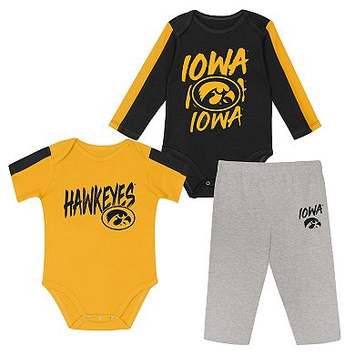 Infant Outerstuff Black/Gold Iowa Hawkeyes Double Down Creeper and Pants 3-Piece Set
