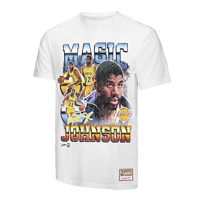 Men's Mitchell & Ness Magic Johnson White Los Angeles Lakers Commemorative Collage T-Shirt