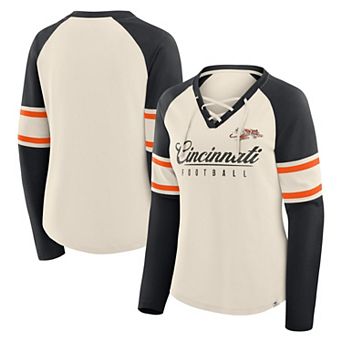 Women's Fanatics Cream/Black Cincinnati Bengals Hometown Gridiron Hero Raglan Lace-Up V-Neck Long Sleeve T-Shirt