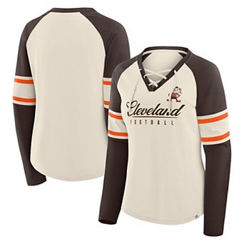 Women's Fanatics Cream/Brown Cleveland Browns Hometown Gridiron Hero Raglan Lace-Up V-Neck Long Sleeve T-Shirt