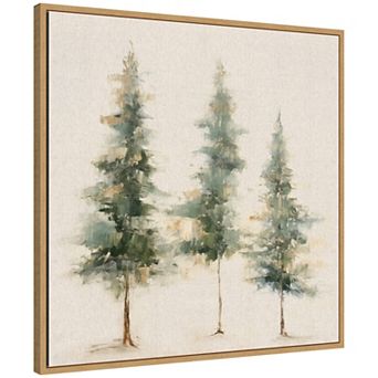 Sylvie Abstract Forest Evergreen Trees on Neutral Linen Framed Canvas by The Creative Bunch Studio