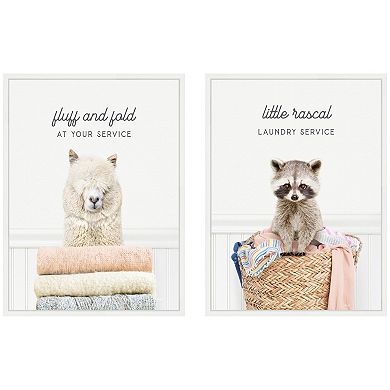 Sylvie Alpaca Fluff Fold and Racoon Little Rascal Laundry Framed Canvas Art Set by Amy Peterson