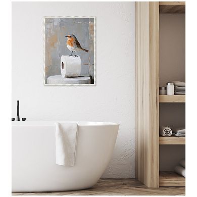 Sylvie Bird Standing on Toilet Bathroom Art Framed Canvas by The Creative Bunch Studio