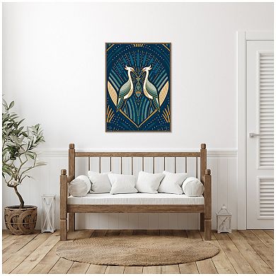 Sylvie Art Deco Herons Blue Framed Canvas by Carey Copeland