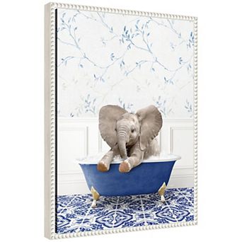 Sylvie Baby Elephant No6 in Eclectic Blue Bath Framed Canvas by Amy Peterson