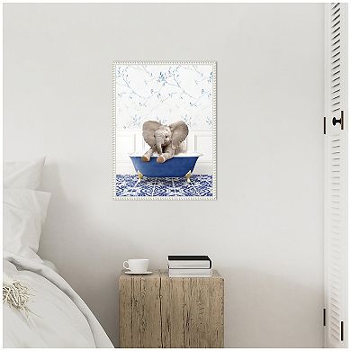 Sylvie Baby Elephant No6 in Eclectic Blue Bath Framed Canvas by Amy Peterson