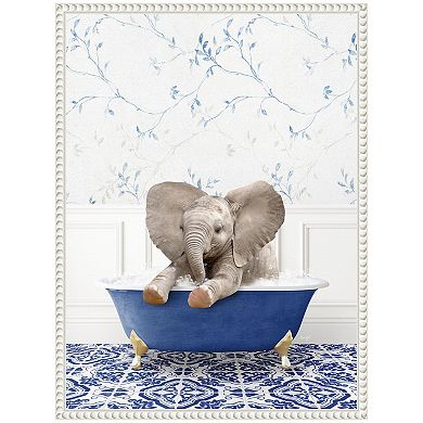 Sylvie Baby Elephant No6 in Eclectic Blue Bath Framed Canvas by Amy Peterson