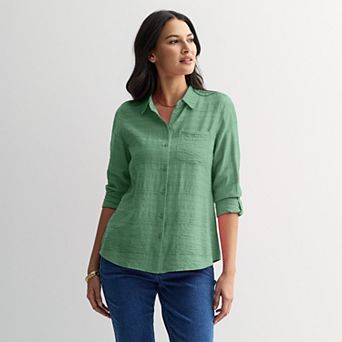 Petite Croft & Barrow® Long Sleeve Collared Blouse