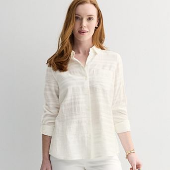 Petite Croft & Barrow® Long Sleeve Collared Blouse