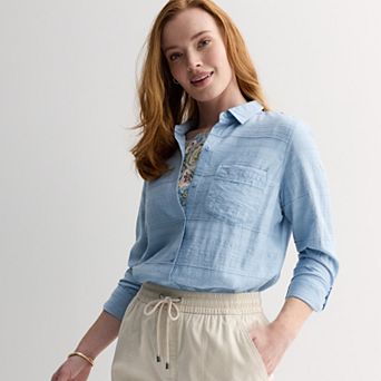 Petite Croft & Barrow® Long Sleeve Collared Blouse