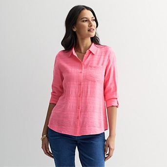 Petite Croft & Barrow® Long Sleeve Collared Blouse