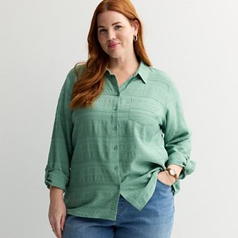 Plus Size Croft & Barrow® Textured Button Down Collared Blouse