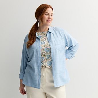 Plus Size Croft & Barrow® Textured Button Down Collared Blouse