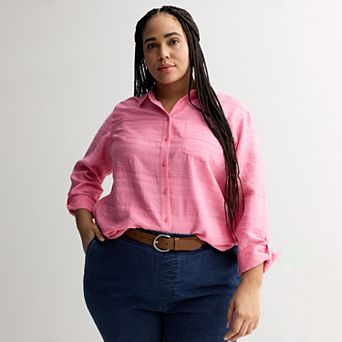 Plus Size Croft & Barrow® Textured Button Down Collared Blouse