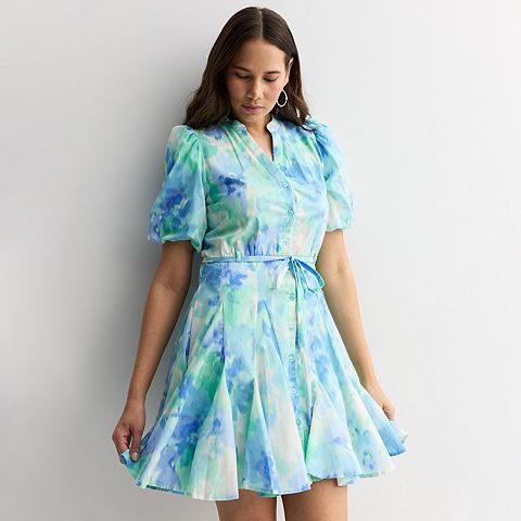 Женские платья Taylor Women's Taylor V-Neck Button-Front Puff Sleeve Voile Dress