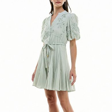 Women's Taylor Puff Sleeve Soutache Mini Shirt Dress
