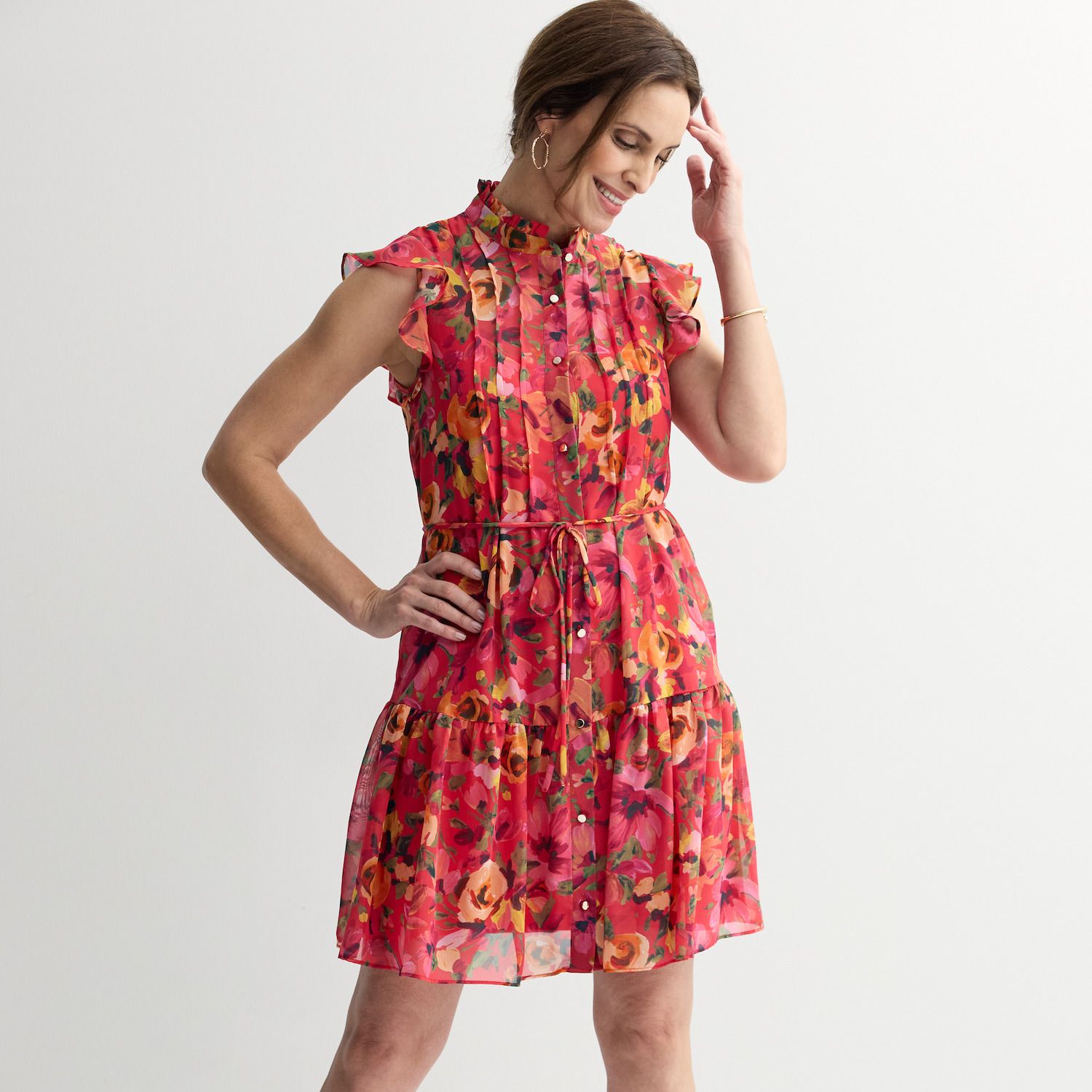 Женские платья Donna Ricco Flutter Sleeve Button Front Pleated Mini Dress