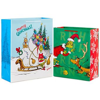 Hallmark 2 pc Dr. Seuss Grinch Gift Bag Set with Max & Sleigh