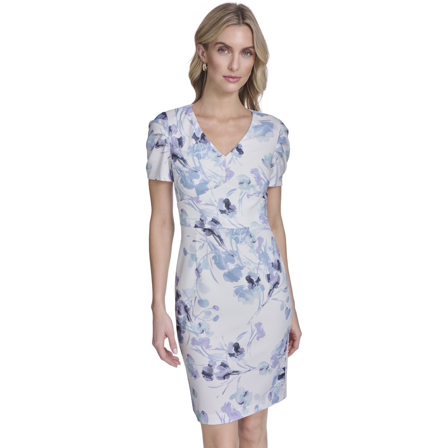 Женские платья Andrew Marc Pleated Puff Sleeve V-Neck Printed Sheath Dress