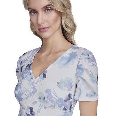 Women's Andrew Marc Pleated Puff Sleeve V-Neck Printed Sheath Dress