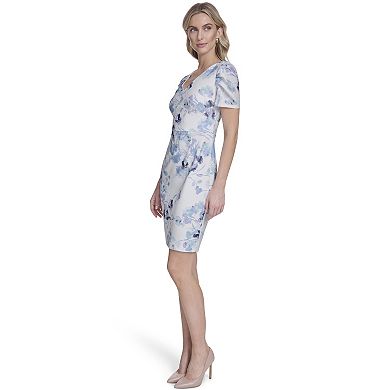 Women's Andrew Marc Pleated Puff Sleeve V-Neck Printed Sheath Dress