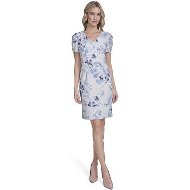 Women's Andrew Marc Pleated Puff Sleeve V-Neck Printed Sheath Dress