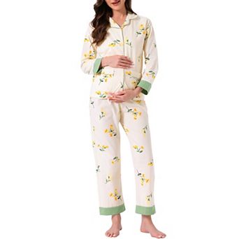 Women's Maternity Pajama Set Cotton Long Sleeve Elastic Waist Adjustable Pants Nursing Breastfeeding