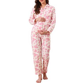 Women's Maternity Pajama Set Cotton Long Sleeve Elastic Waist Adjustable Pants Nursing Breastfeeding