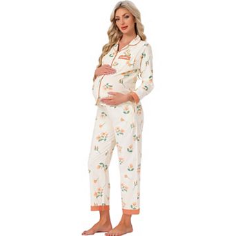 Women's Maternity Pajama Set Cotton Long Sleeve Elastic Waist Adjustable Pants Nursing Breastfeeding