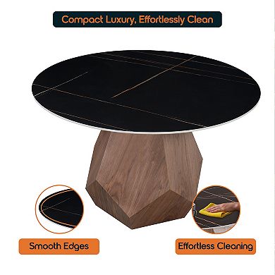 LeisureMod Nebo 47-Inch Modern Round Dining Table with Walnut Base and Sintered Stone Top