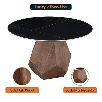 LeisureMod Nebo 47-Inch Modern Round Dining Table with Walnut Base and Sintered Stone Top