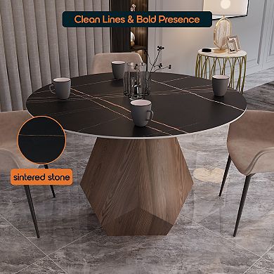 LeisureMod Nebo 47-Inch Modern Round Dining Table with Walnut Base and Sintered Stone Top