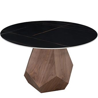 LeisureMod Nebo 47-Inch Modern Round Dining Table with Walnut Base and Sintered Stone Top
