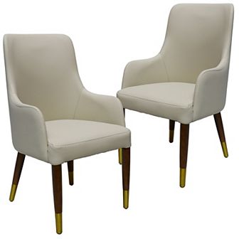 LeisureMod Viva Dining Armchair in Leather Upholstery with Gold Accent Wood Legs , Set of 2