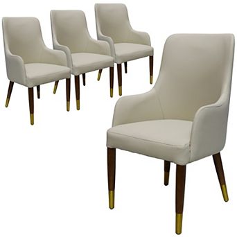 LeisureMod Viva Dining Armchair in Leather Upholstery with Gold Accent Wood Legs , Set of 4