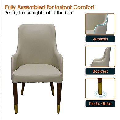 LeisureMod Viva Dining Armchair in Leather Upholstery with Gold Accent Wood Legs , Set of 4