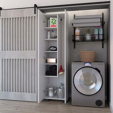 Aiken Broom Cabinet With Storage Shelves And Broom Hangers