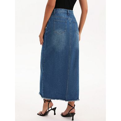 Women's Denim Skirt High Waist Split Front Raw Hem Washed Maxi Jean Skirts