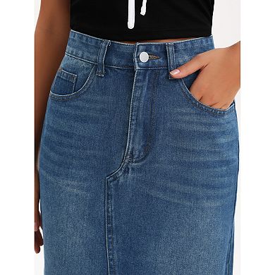 Women's Denim Skirt High Waist Split Front Raw Hem Washed Maxi Jean Skirts