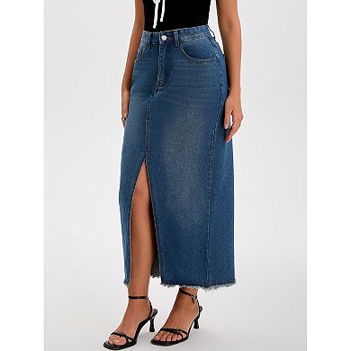 Women's Denim Skirt High Waist Split Front Raw Hem Washed Maxi Jean Skirts