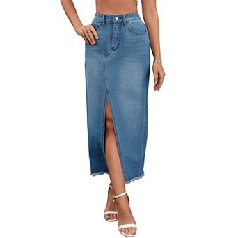 Women's Denim Skirt High Waist Split Front Raw Hem Washed Maxi Jean Skirts