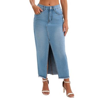 Women's Denim Skirt High Waist Split Front Raw Hem Washed Maxi Jean Skirts